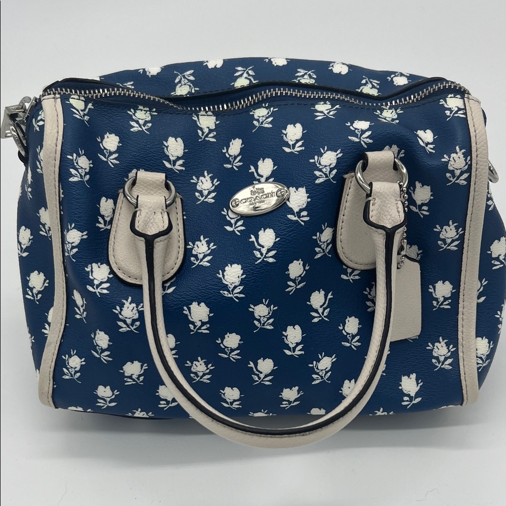 Coach Navy and White Floral Satchel